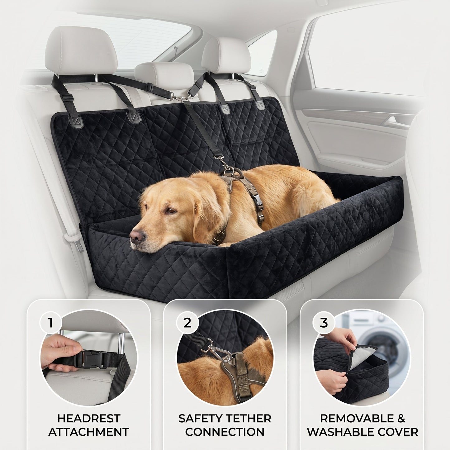 Taxs™ Large Dog Car Seat Belt Cushion - Universal Travel Back Seat Booster & Plush Pet Bed
