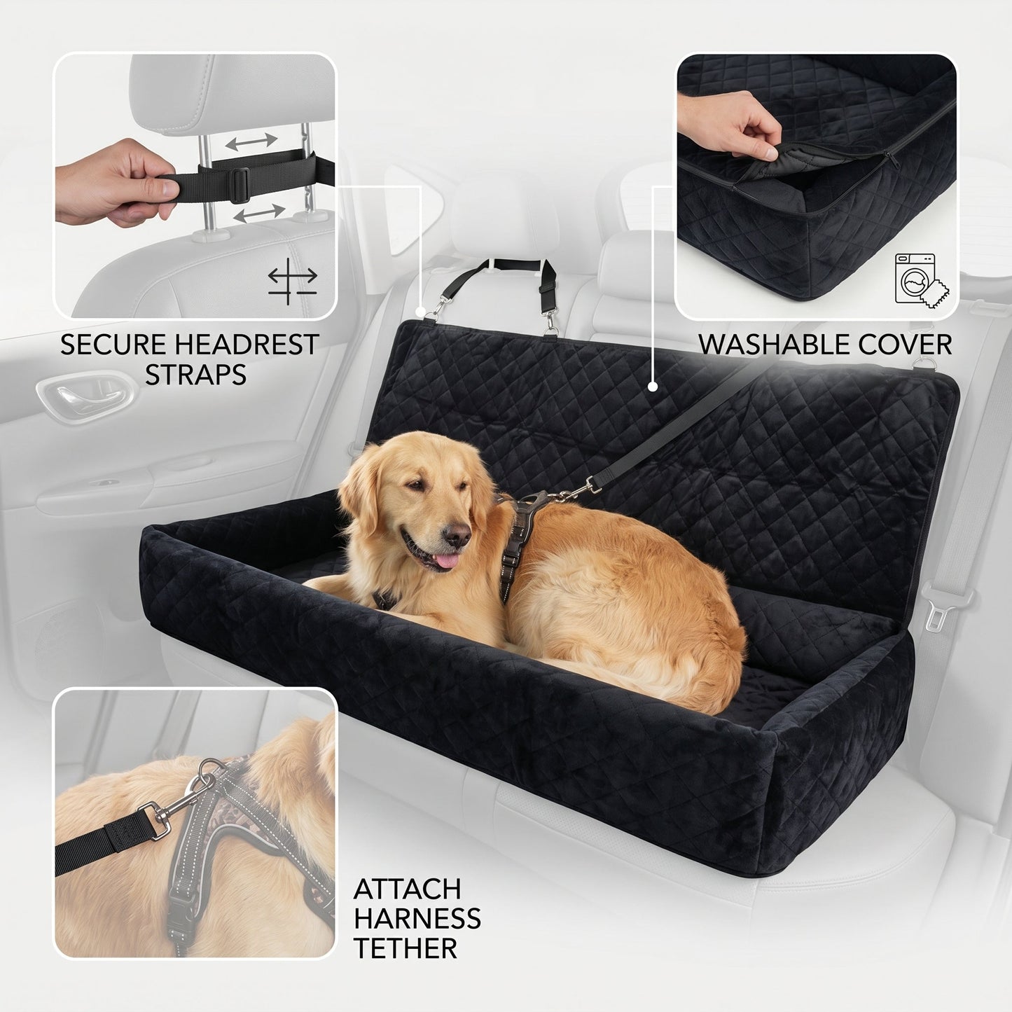Taxs™ Large Dog Car Seat Belt Cushion - Universal Travel Back Seat Booster & Plush Pet Bed