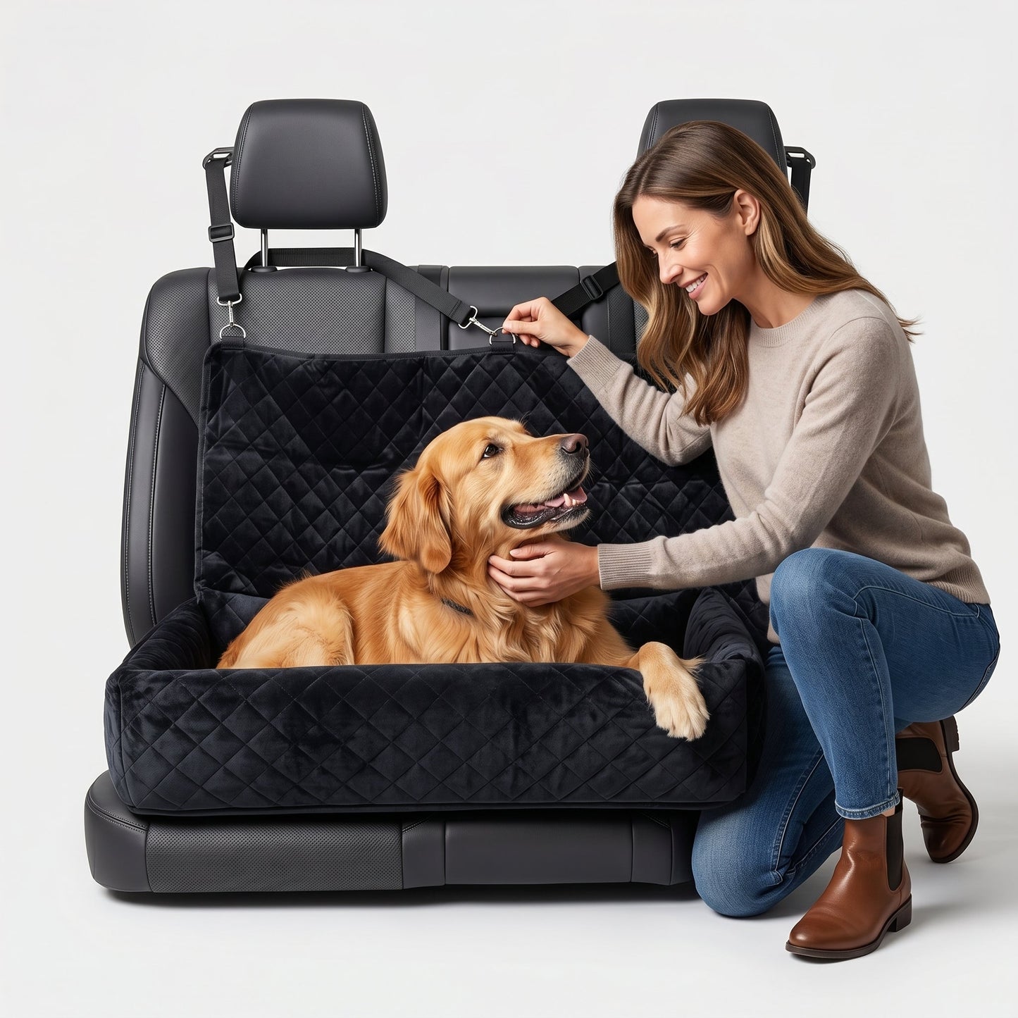 Taxs™ Large Dog Car Seat Belt Cushion - Universal Travel Back Seat Booster & Plush Pet Bed